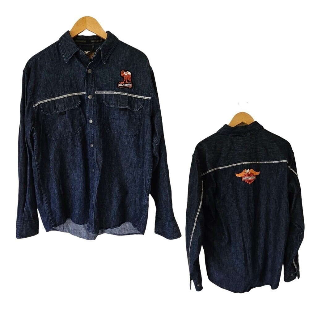 HARLEY DAVIDSON Long Sleeve Back‎ Denim Shirt Jacket Medium Embroidered